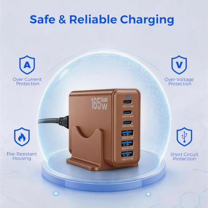 165W GaN Charging Station, 6-Port Desk Charging Station, Brown - color: Brown