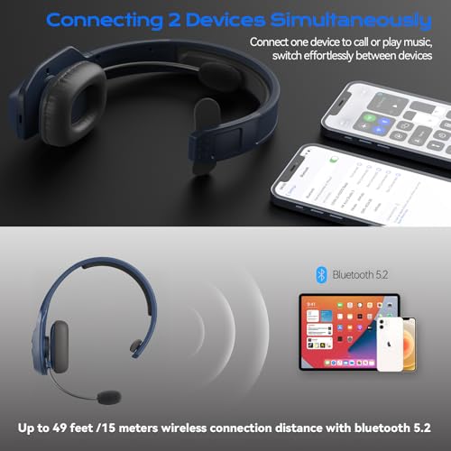 LEVN Bluetooth Headset with Microphone, Trucker Bluetooth Headset with AI Noise Cancelling & Mute Button, Wireless On-Ear Headphones 60 Hrs Working Time, for Trucker Home Office Remote Work Zoom - color: Blue