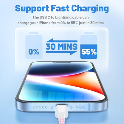 20W Lightning Cable to USB C, [Apple MFi Certified] Braided Fast Cable - color: Pink, size: 20W-6FT+10FT