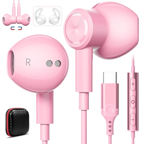 Jelanry Magnetic USB-C Wired Earbuds HiFi Stereo Headphones with Mic, Pink - color: Pink
