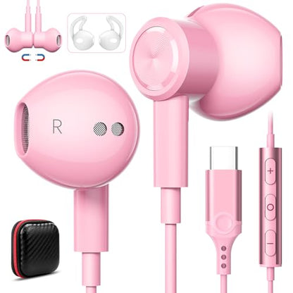 Jelanry Magnetic USB-C Wired Earbuds HiFi Stereo Headphones with Mic, Pink - color: Pink