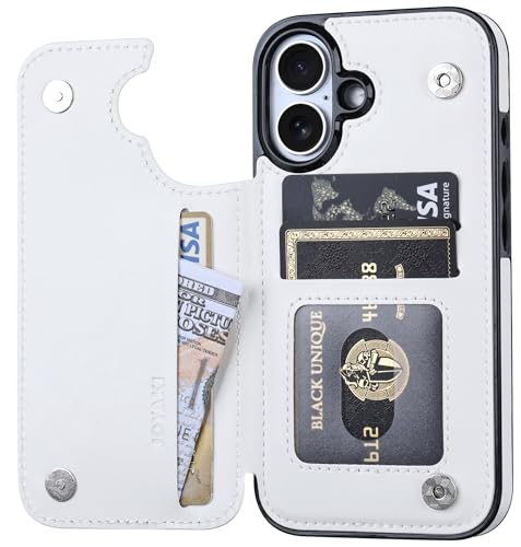 Wallet Case Compatible with iPhone 16 6.1", Slim Protective Case with Card Holder,Premium PU Leather Kickstand Card Slots Case with Double Magnetic Clasp-White - color: White, size: iphone 16 6.1"