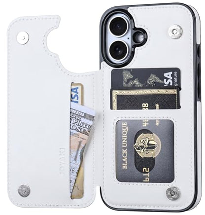 Wallet Case Compatible with iPhone 16 6.1", Slim Protective Case with Card Holder,Premium PU Leather Kickstand Card Slots Case with Double Magnetic Clasp-White - color: White, size: iphone 16 6.1"