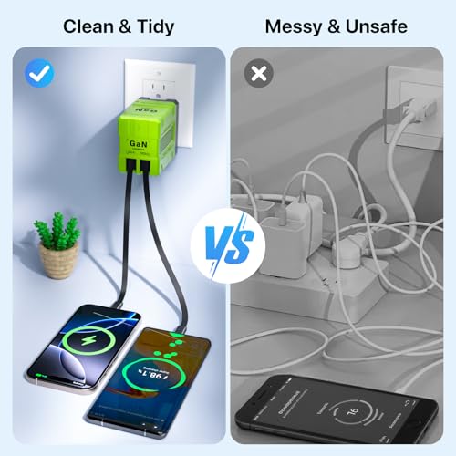 2 in 1 Retractable Gan Wall Charger with Dual Cables, Fast Charging 45W Retractable Phone Charger Wall Plug with 2 Charging Cable, USB C Chargers Block for iPhone 17 16 15 14 13, LG,Pixel - color: Green
