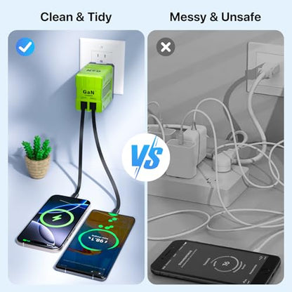 2 in 1 Retractable Gan Wall Charger with Dual Cables, Fast Charging 45W Retractable Phone Charger Wall Plug with 2 Charging Cable, USB C Chargers Block for iPhone 17 16 15 14 13, LG,Pixel - color: Green