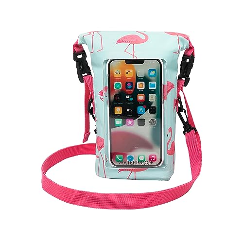 geckobrands Waterproof Phone Tote with 2L Dry Bag and Adjustable Strap – Protect Your Phone and Valuables While on The Go - color: Flamingo Stripe
