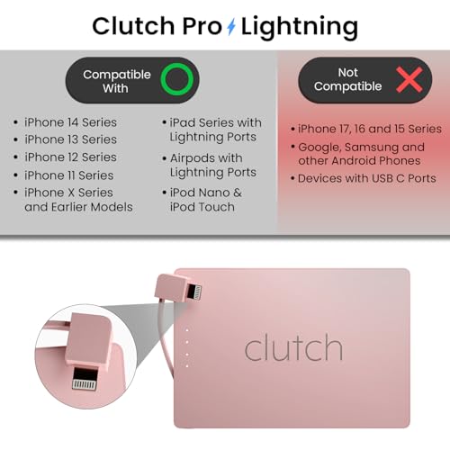 Clutch Pro – World's Thinnest iPhone Charger – Portable Power Bank 5000mAh – Magnetic Built-in Lightning Cable – TSA Approved Travel Charger – iPhone 14 & Earlier – Pink - color: Pink