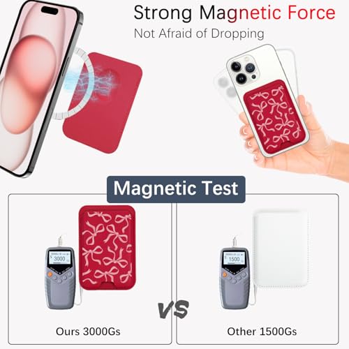 for Magsafe Wallet, Magnetic Wallet Card Holder for iPhone 17/16/15/14/13/12 Pro/Max/Plus/Mini Case, Leather Magnet Phone Pocket Cute Design Credit Card Fit 3 Cards, Red Ribbons Bow Tie - color: Red Ribbons Bow Tie