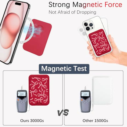 for Magsafe Wallet, Magnetic Wallet Card Holder for iPhone 17/16/15/14/13/12 Pro/Max/Plus/Mini Case, Leather Magnet Phone Pocket Cute Design Credit Card Fit 3 Cards, Red Ribbons Bow Tie - color: Red Ribbons Bow Tie