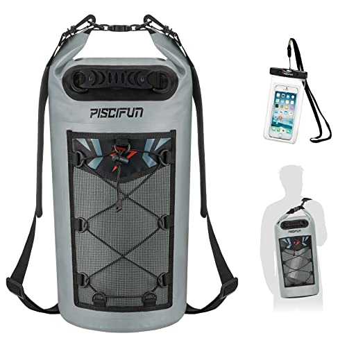 Piscifun Dry Bag, Waterproof Floating Backpack 10L/20L/30L/40L | Waterproof Phone Case, Adjustable shoulder straps, Roll-top closure keeps gear dry, Ideal for Boating, Kayaking, Fishing - color: Grey, style: 40l