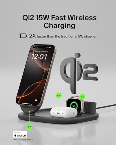 Belkin Qi2 Magnetic Wireless Charging Station, 3 in 1 Foldable Charger - color: Black