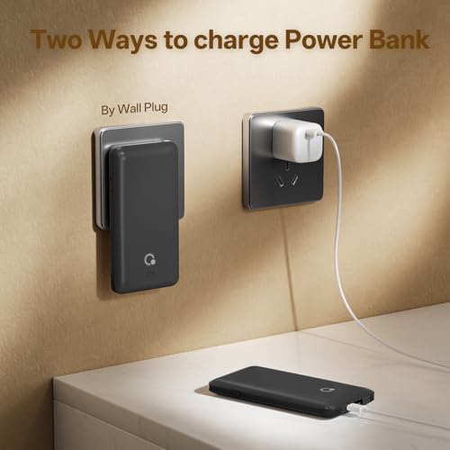 Brand Q Portable Charger with Built-in Cables and AC Wall Plug,Slim USB C Travel Essential Power Bank 10000mAh,External Battery Pack Compatible with iPhone,Samsung,Tablet and All Smart Phones - color: Black