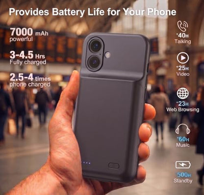 7000mAh Travel Battery Case for iPhone 16, 2026 New Upgrade Extra Battery Life Fast Charging External Rechargeable Portable Charging Case