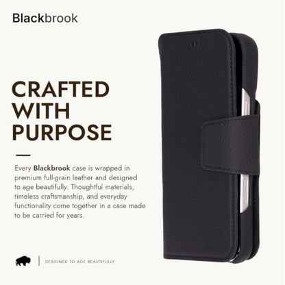 BLACKBROOK Detachable Leather Wallet Case Compatible with iPhone 17 Pro | Full-grain detachable folio with RFID blocking, 3 card slots, ID window, built-in kickstand, wireless charging, handcrafted. - color: Pebble Black, size: iPhone 17 Pro