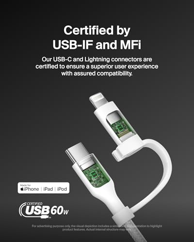 Belkin 2 in 1 USB C to USB C & Lightning Braided Cable 5ft Charger Cord - color: White