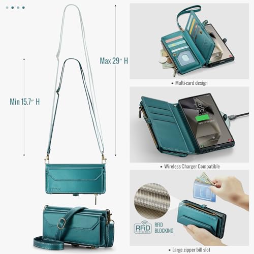 for Samsung Galaxy S24 Ultra Wallet Case with Card Holder, Green | RFID Blocking Slots, Crossbody Lanyard, Wrist Strap, Zipper Pocket Purse Handbag, Magnetic Closure - color: Green, size: Galxay S24 Ultra