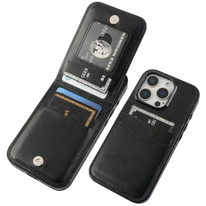 KIHUWEY for iPhone 16 Pro Wallet Case Card Holder Kickstand, Black | Credit Card Slots, PU Leather, Magnetic Clasp, Flip Heavy Duty Protection Cover for Men and Women - color: Black