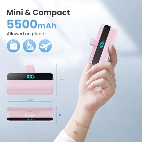 [2 Packs] Small Portable Charger 5500mAh for iPhone 15/16,LCD Display 15W PD Fast Charging Power Bank,USB-C Connector,Mini Battery Pack Compatible with 16/16 Pro Max/15/15 Pro Max Android Galaxy etc - color: Black+Pink