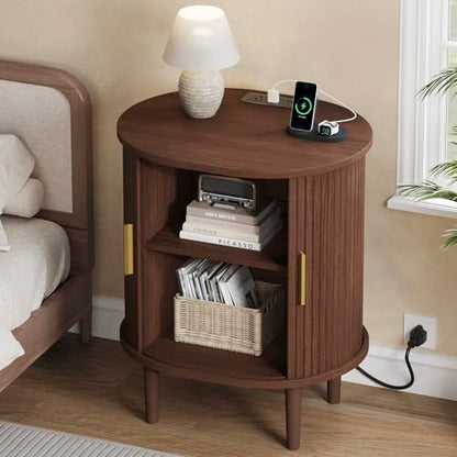 DHH Mid Century Modern Nightstand with Charging Station, Fluted Accent Side Table with Sliding Door & Adjustable Shelf, End Table for Small Space, Living Room, Bedroom,Sofa Couch (1, Walnut) - color: Walnut