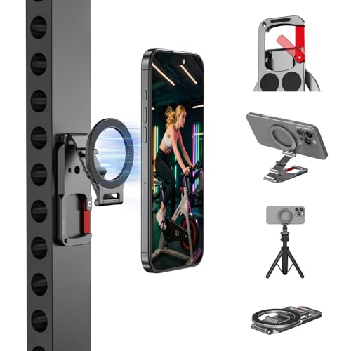 Magnetic Phone Mount for MagSafe, Maglock Tripod Adapter Magnet Golf Gym Workout Stand Metal Carabiner Dual Holder with 1/4 Screw Hole, for iPhone 18 17 16 15 14 Series Foldable Portable Accessories
