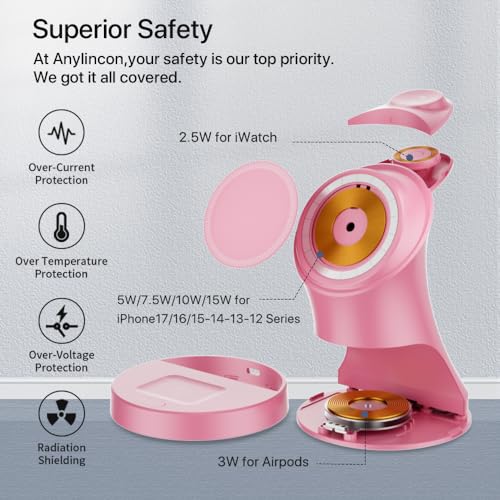 Wireless Charger,3 in 1 Magnetic Wireless Charger Stand, Fast Wireless Charging Dock for iPhone 17/16/15/14/13/12 Series, Apple Watch Series, AirPods Pro. - color: Pink