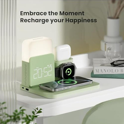 7 in 1 Charging Station for iPhone, Wireless Charging Station, Alarm Clock, Night Light, Wireless Charger for iPhone 17 16 15 14 13 12 Pro Max & Apple Watch - Charging Stand Dock for AirPods(Green) - color: Green