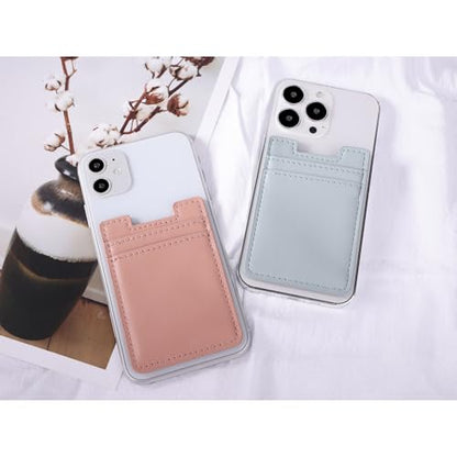 Phone Card Holder Stick on,2Pack Phone Wallet for Back of Phone Case, Leather Credit Card Holder for Cell Phone Sticky Wallet RFID Double Pocket Sticker for iPhone, Android, Samsung-Pink,Blue - color: Pink,Blue