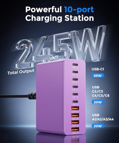 USB C Charging Station 10 Port with 4 Cables,245W GaN Charger Block - color: Purple