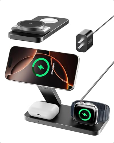 Intoval 3-in-1 Foldable Wireless Charging Station, Qi2 Certified 15W Ultra Fast Wireless Charger for Magsafe, Magnetic Charger Stand for iPhone 17/16/15/14/13/12, Apple Watch & AirPods.(Black) - color: Black