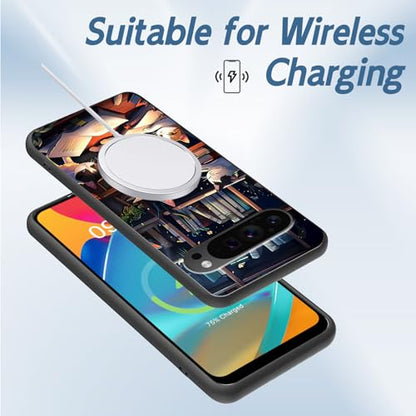 for Google Pixel 9 Pro XL Phone Case TPU Shockproof Full Body Protection Cover 6.8" Cat Bookshelf for Pixel 9 Pro XL Lightweight Compatible Wireless Charging Screen Protector Film - color: Cat Bookshelf