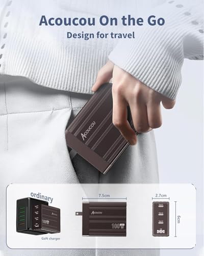 ACOUCOU 100W GaN Charger, 4-Port USB C Wall Charger with 3 USB-C & 1 USB-A, Foldable Fast Charging Block for MacBook, iPad, iPhone, Galaxy, Steam Deck & Laptops