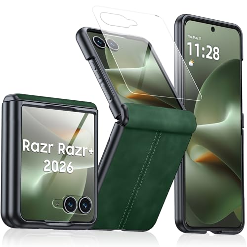 for Motorola Razr+ Plus 2026 Case/Razr+ Plus 2025 Case with Hinge Protection & Built-in Outer Screen Protector, PU Leather Matte PC Shockproof Cover, Ultra Slim Case for Razr+ 2026/2025-Green - color: Green, size: Razr+ 2026