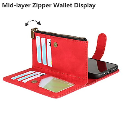 iCoverCase for iPhone X/XS Wallet Case with Card Holder and Wrist Strap, PU Leather Kickstand Card Slots Zipper Pocket Magnetic [Detachable] Flip Cover Case 5.8 Inch (Red) - color: Red
