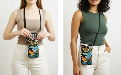 Tainada Neck Cell Phone Pouch with Crossbody Strap (Birds Floral Navy Blue) - color: Birds Floral Navy Blue