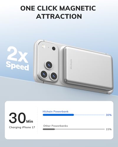 Hichain Magnetic Portable Charger, Wireless Power Bank 5000mAh Magnetic Charger for iPhone 17-12 Series, Magnetic Battery Pack Safe Wireless Charging, with 60W USB-C Charging - Silver - color: Silver
