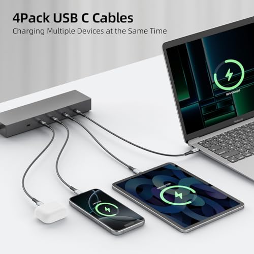 USB C to USB C Cable 1ft 4Pack, 12 Inch Nylon Braided 60W USB Type C Fast Charging Cable for iPhone 16/16 Plus/16 Pro Max/15/15 Plus/15 Pro Max, MacBook Pro, iPad Pro Air, Samsung S24/S24 Ultra/S23