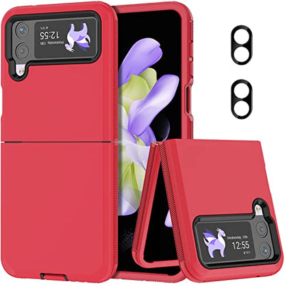 for Galaxy Z Flip 4 Case with Camera Lens Film,Shockproof Protective Phone Case Heavy Duty Full Body Protection Drop Proof Hard Rugged Cover for Samsung Galaxy Z Flip 4 (Red/Black) - color: Red/Black