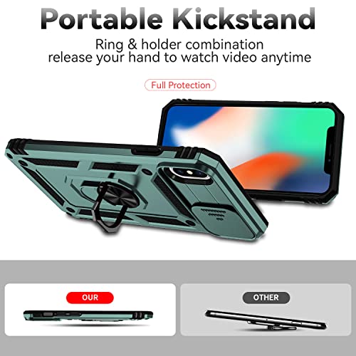 for iPhone XS Max Case with Camera Lens Cover Screen Protector, Dual Layer Military Grade Drop Protection Magnetic Ring Holder Kickstand Protective Phone Case for iPhone XS Max 6.5 inch (Dark Green) - color: Dark Green Military-Grade 2nd gen