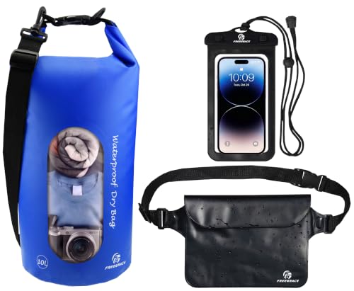 Freegrace Waterproof Dry Bag with Double Zip-Lock, Phone Case & Waist Pouch | 5L Navy Blue, Clear Window, Submersible 500D Drysack, Adjustable Crossbody Strap, Gear For Kayaking, Boating, Beach, Swimming - color: Navy Blue, size: 5L, style: Window