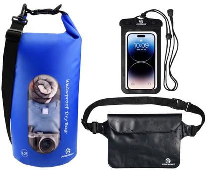 Freegrace Waterproof Dry Bag with Double Zip-Lock, Phone Case & Waist Pouch | 5L Navy Blue, Clear Window, Submersible 500D Drysack, Adjustable Crossbody Strap, Gear For Kayaking, Boating, Beach, Swimming - color: Navy Blue, size: 5L, style: Window