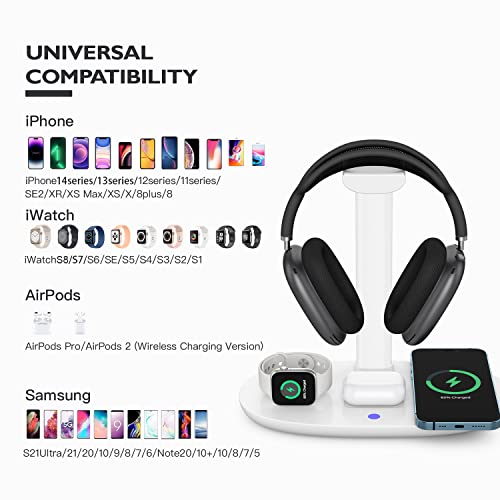 Headphone Stand with 15w Wireless Charger, Suguder 4 in 1 Charging Station Headset Holder for AirPods Max/Pro/4/3/2 iWatch 10/9/8/7/6/5/4/3/2/1/SE iPhone 17/16/15/14/13/12/11/X for Desktop Table Game - color: White