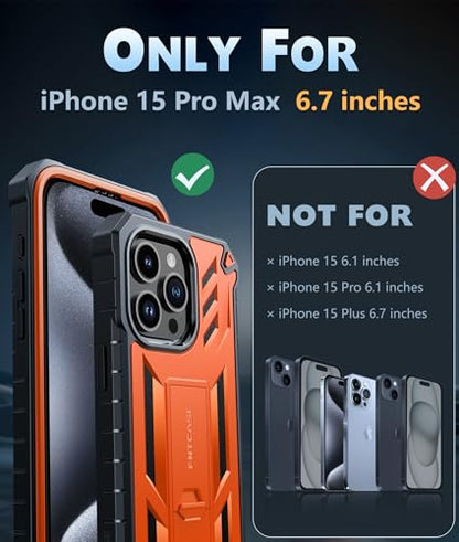 FNTCASE for iPhone 15 Pro Max Case, Built-in Screen Protector, Kickstand | Military-Grade Drop Protection, Anti-Slip Matte Textured, Rugged Heavy Duty Shockproof TPU Protective Cover - color: Orange