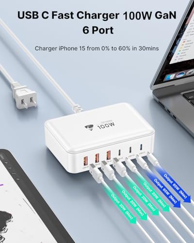 USB C Fast Charger, 100W GaN 6 Port USB C Fast Charging Station Hub Block Cube, QC USB A and PD USB C Wall Charger Power Multiple USB Charger Plug for iPhone 17 16 15 14 13 12 Pro Max, iPad, Samsung