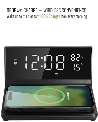 Soundfreaq Charge Rise II, SFQ-20: Digital Alarm Clock, with Fast USB Charger and Wireless Charger (Black, Home) - color: Black