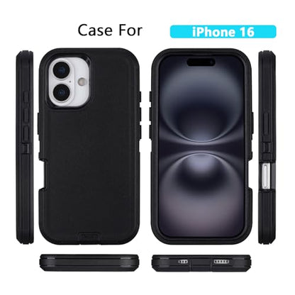 for iPhone 16 Case with Belt Clip Holster + Screen Protector, Black | Heavy Duty Drop Protection, 3-Layer Rugged Shockproof Anti-Drop Full Body Protective Case for iPhone 16 6.1 Inch - color: Black