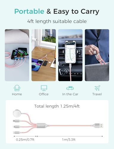 2Pack Multi Charging Cable for Apple Watch Charger 4 in 1 Travel Essentials RV Camping Essentials USB C/L/Micro Compatible with iWatch Series 11-1/iPhone 17/16/15/Android Airplane Gadgets-4FT/Pink - color: Pink, size: 4FT+4FT