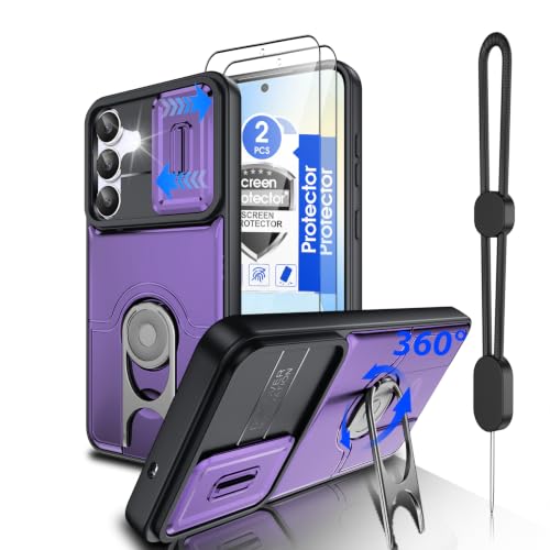Dizn for Samsung Galaxy S25 FE Case:with Camera Lens Cover,[2 Pcs] Tempered Glass Screen Protector,Strap & 360°Ring Stand,Military-Grade Shockproof Protective 6.5-Inch Samsung S 25 FE,Purple - color: Purple