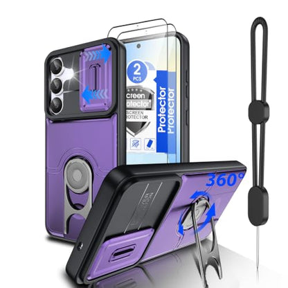 Dizn for Samsung Galaxy S25 FE Case:with Camera Lens Cover,[2 Pcs] Tempered Glass Screen Protector,Strap & 360°Ring Stand,Military-Grade Shockproof Protective 6.5-Inch Samsung S 25 FE,Purple - color: Purple