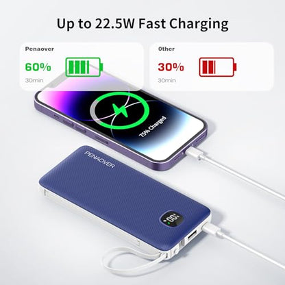 Portable Charger 10000mAh 22.5W Power Bank,Built-in 3 Cables & AC Wall Plug - color: Navy