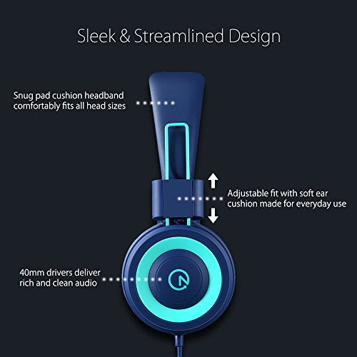 noot products K11 Kids Headphones with Wired Cord 3.5mm Jack Navy/Teal - color: Navy/Teal